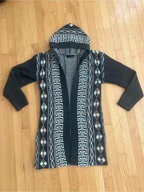 Open-Front Charcoal Hooded Fair Isle Cardigan Sweater